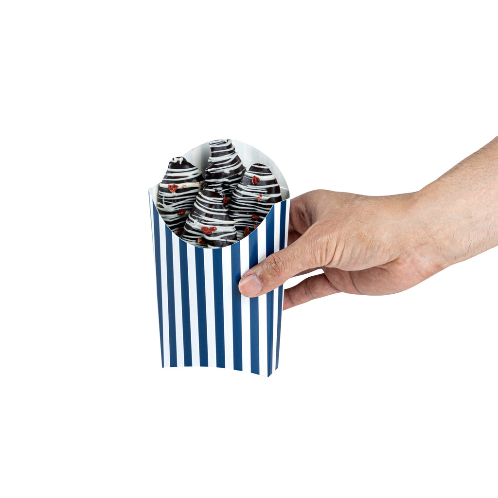Bio Tek 4 oz Blue and White Stripe Paper Fry Cup / Snack Container - 4 3/4" x 3 1/2" x 5" - 100 count box