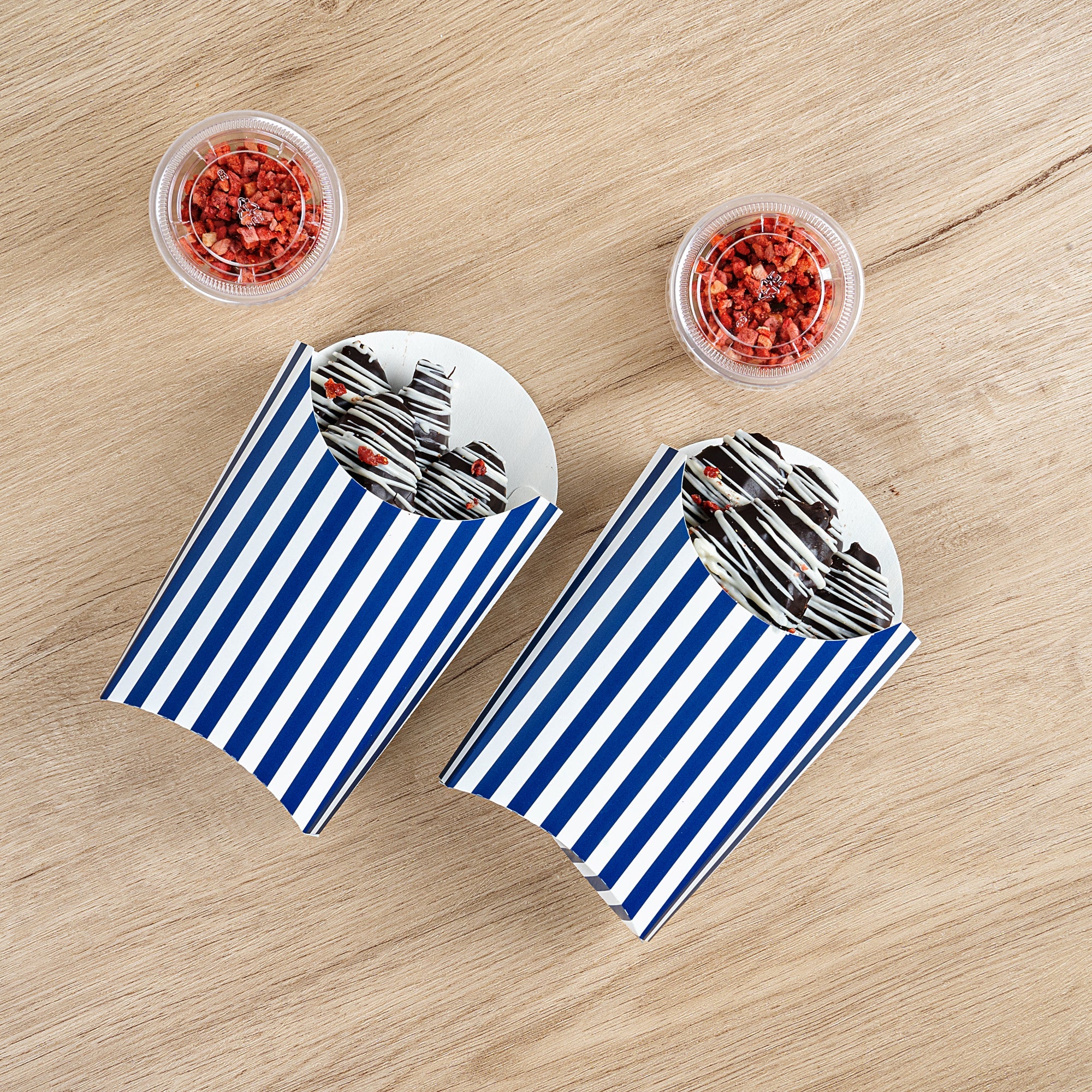 Bio Tek 4 oz Blue and White Stripe Paper Fry Cup / Snack Container - 4 3/4" x 3 1/2" x 5" - 100 count box