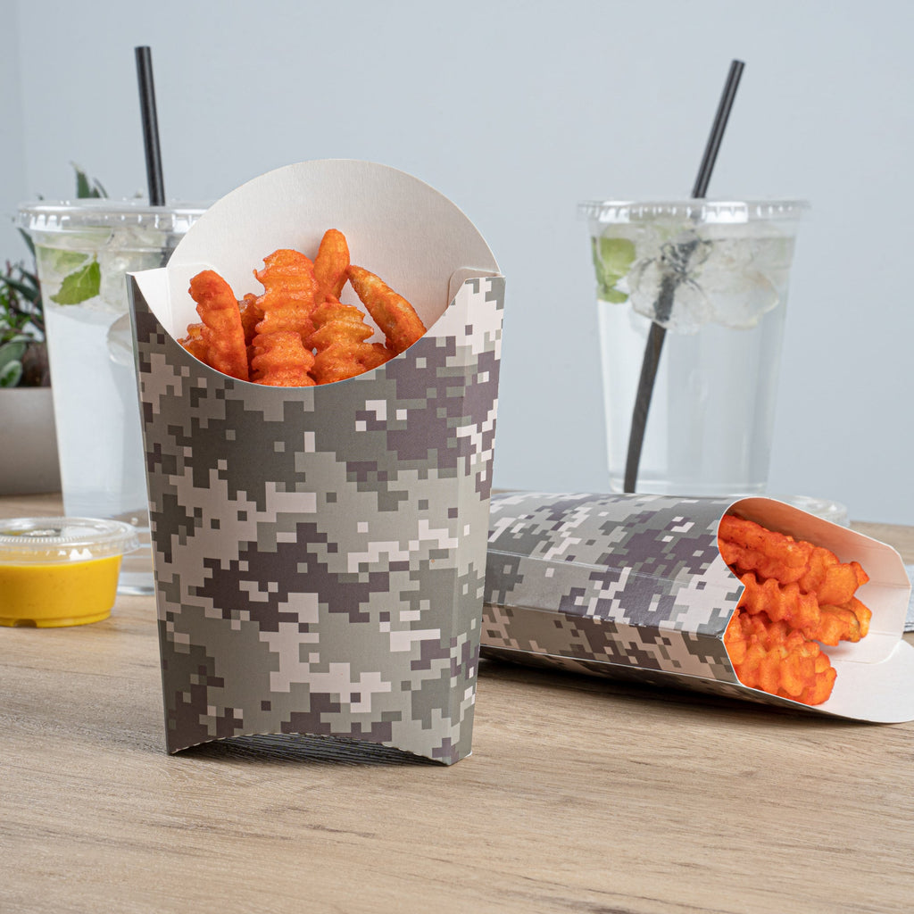 Bio Tek 4 oz Camouflage Paper Fry Cup / Snack Container - 4 3/4" x 3 1/2" x 5" - 100 count box