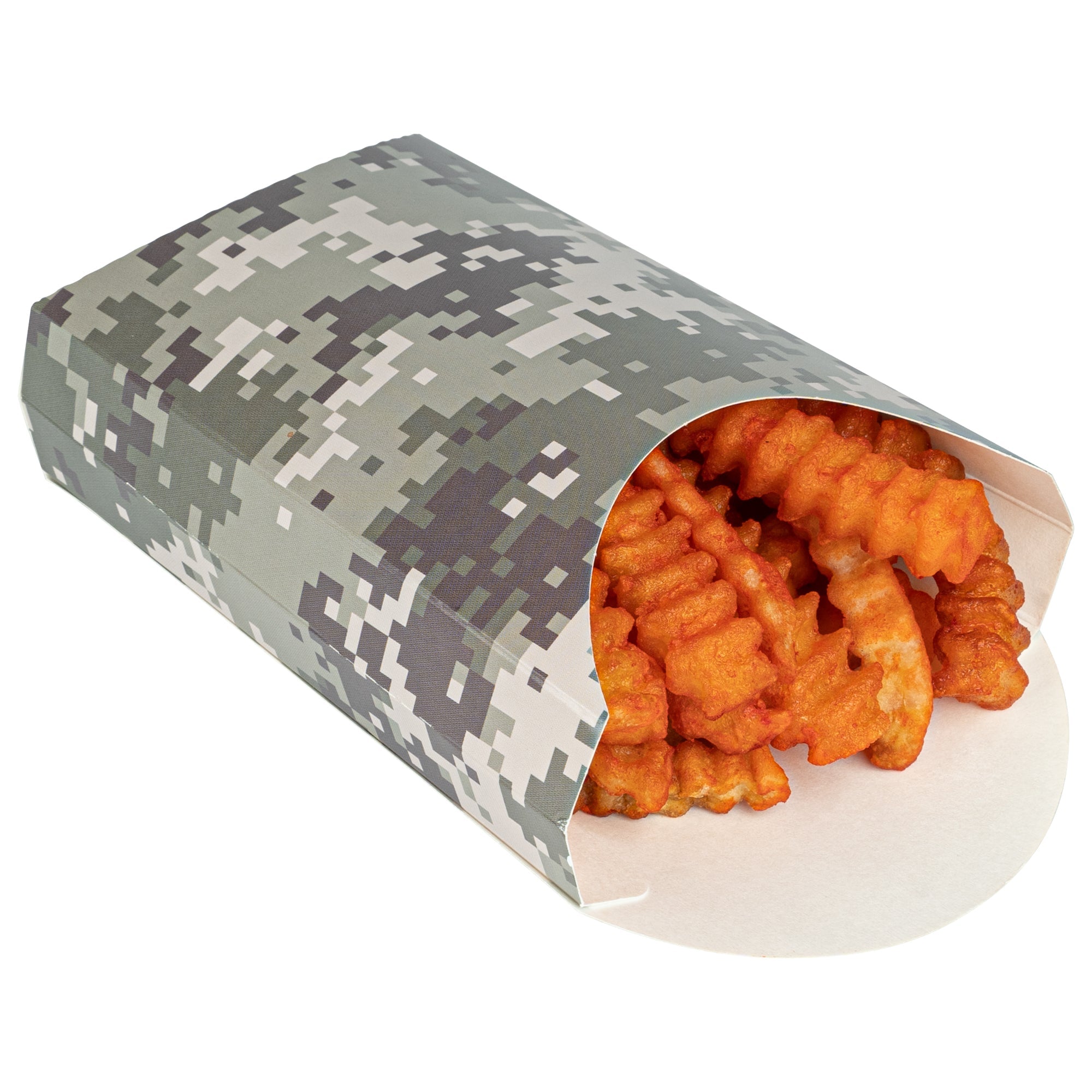Bio Tek 4 oz Camouflage Paper Fry Cup / Snack Container - 4 3/4" x 3 1/2" x 5" - 100 count box