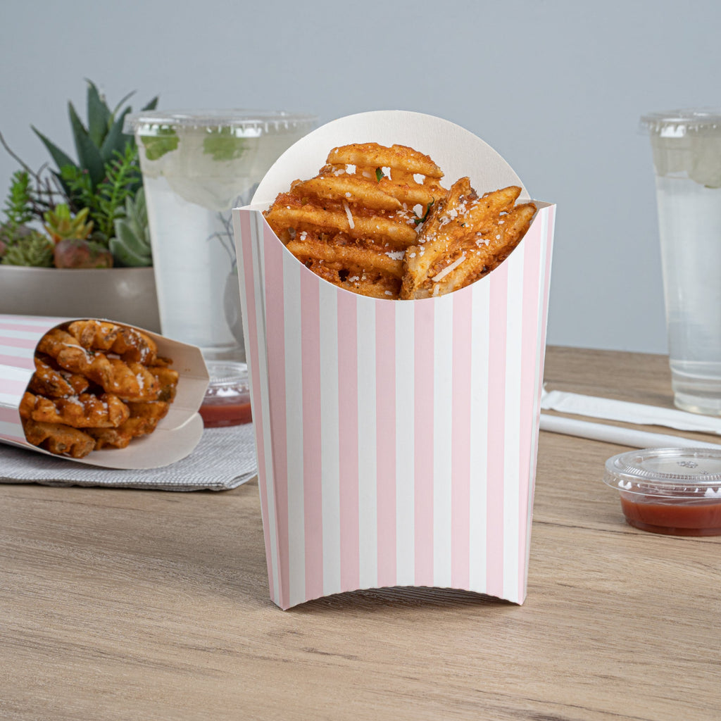 Bio Tek 4 oz Pink and White Stripe Paper Fry Cup / Snack Container - 4 3/4" x 3 1/2" x 5" - 100 count box