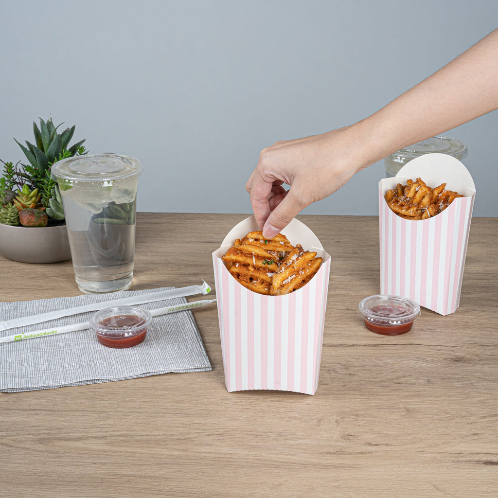 Bio Tek 4 oz Pink and White Stripe Paper Fry Cup / Snack Container - 4 3/4" x 3 1/2" x 5" - 100 count box