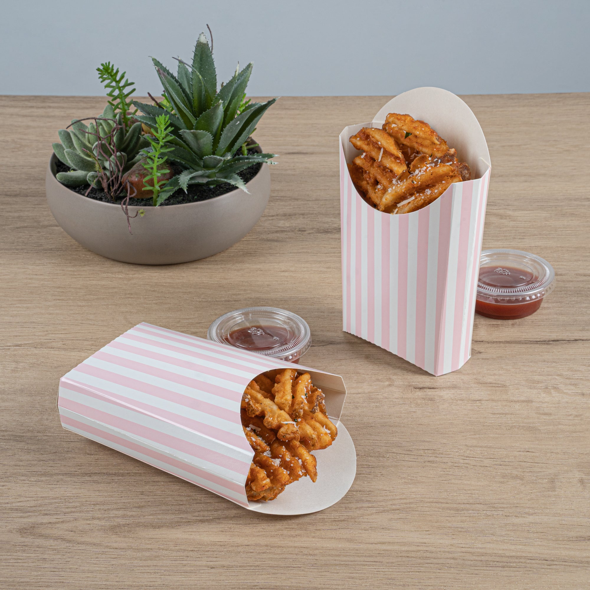 Bio Tek 4 oz Pink and White Stripe Paper Fry Cup / Snack Container - 4 3/4" x 3 1/2" x 5" - 100 count box