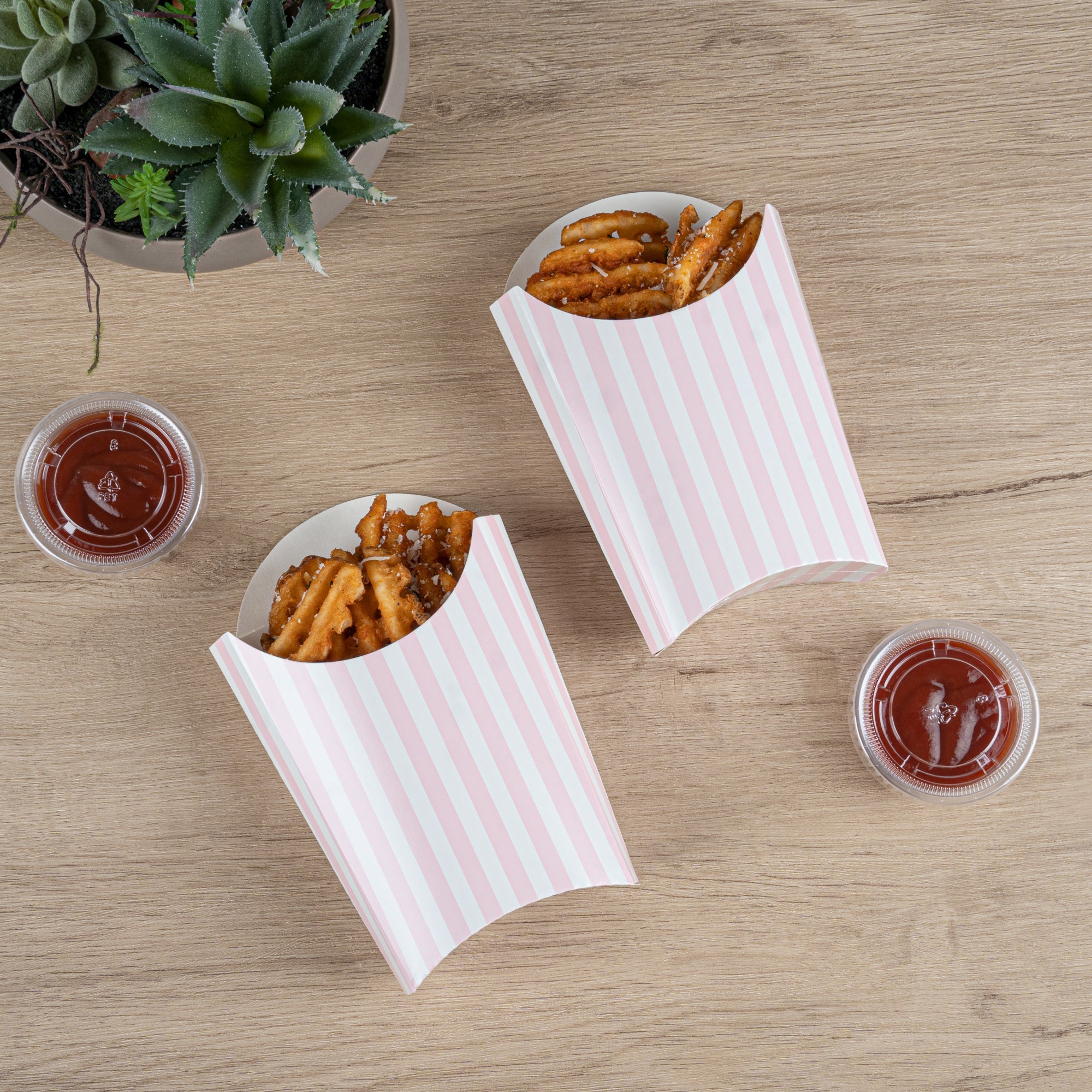 Bio Tek 4 oz Pink and White Stripe Paper Fry Cup / Snack Container - 4 3/4" x 3 1/2" x 5" - 100 count box