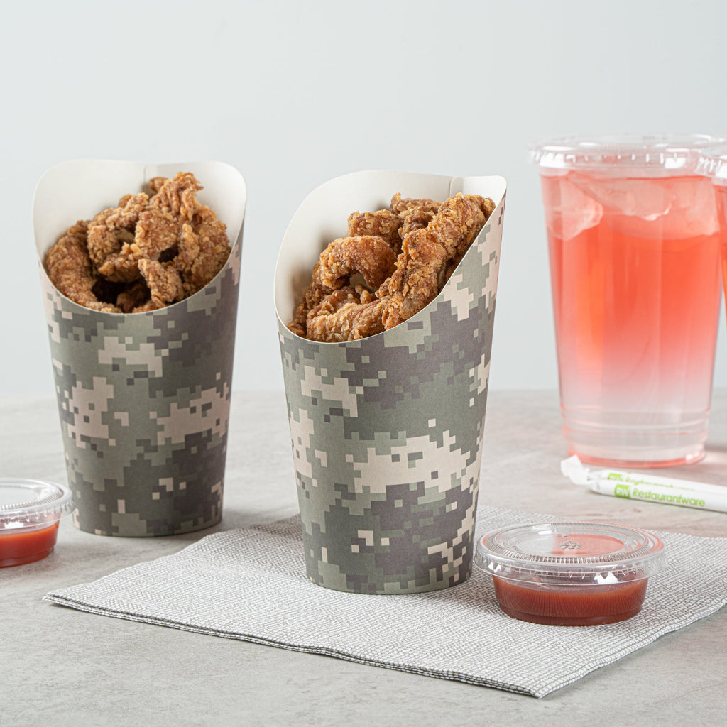Bio Tek 16 oz Round Camouflage Paper Incline Cup - 3 1/2" x 3 1/2" x 5 3/4" - 100 count box