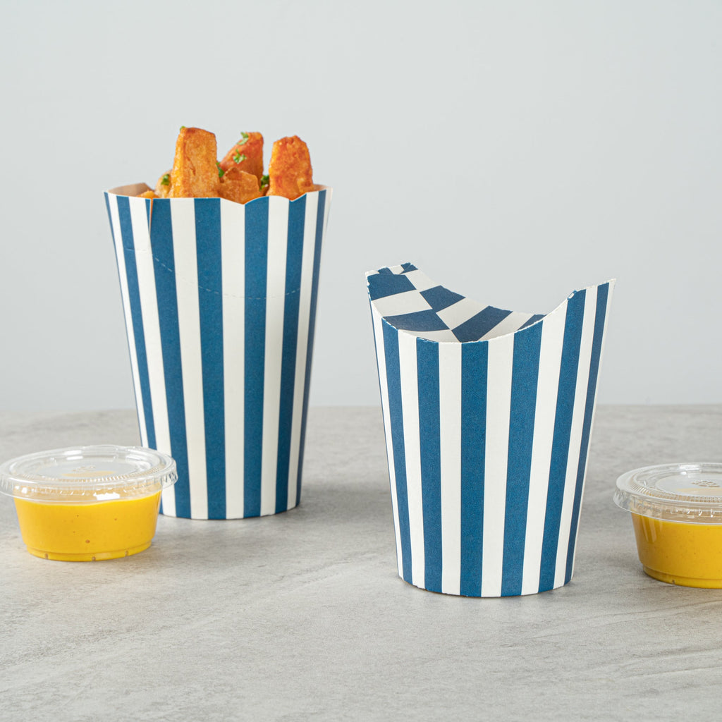 Bio Tek 16 oz Round Blue and White Stripe Paper To Go Fry Cup - 3 1/4" x 3 1/4" x 4 1/4" - 100 count box