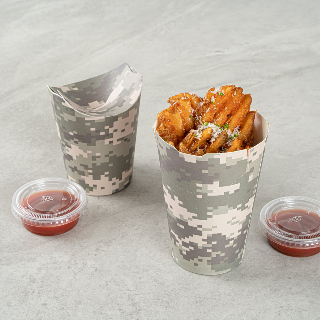 Bio Tek 16 oz Round Camouflage Paper To Go Fry Cup - 3 1/4" x 3 1/4" x 4 1/4" - 100 count box