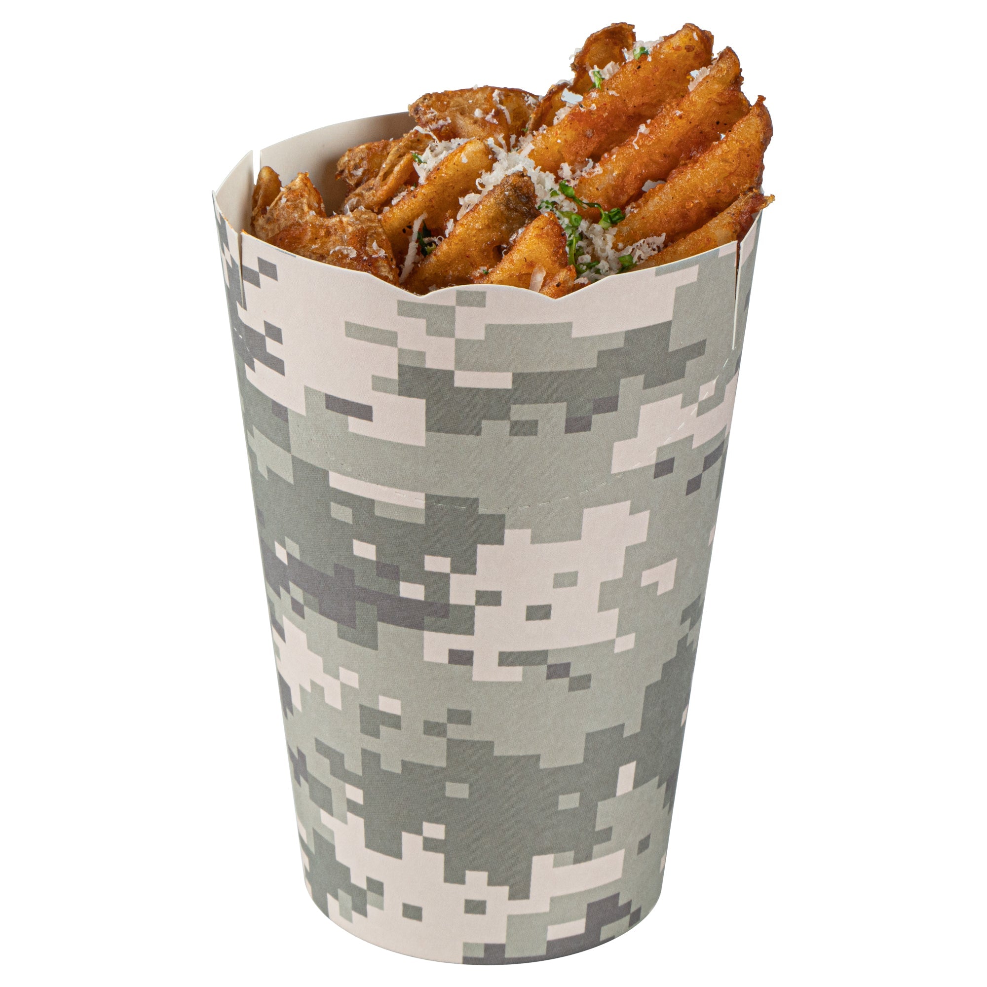 Bio Tek 16 oz Round Camouflage Paper To Go Fry Cup - 3 1/4" x 3 1/4" x 4 1/4" - 100 count box