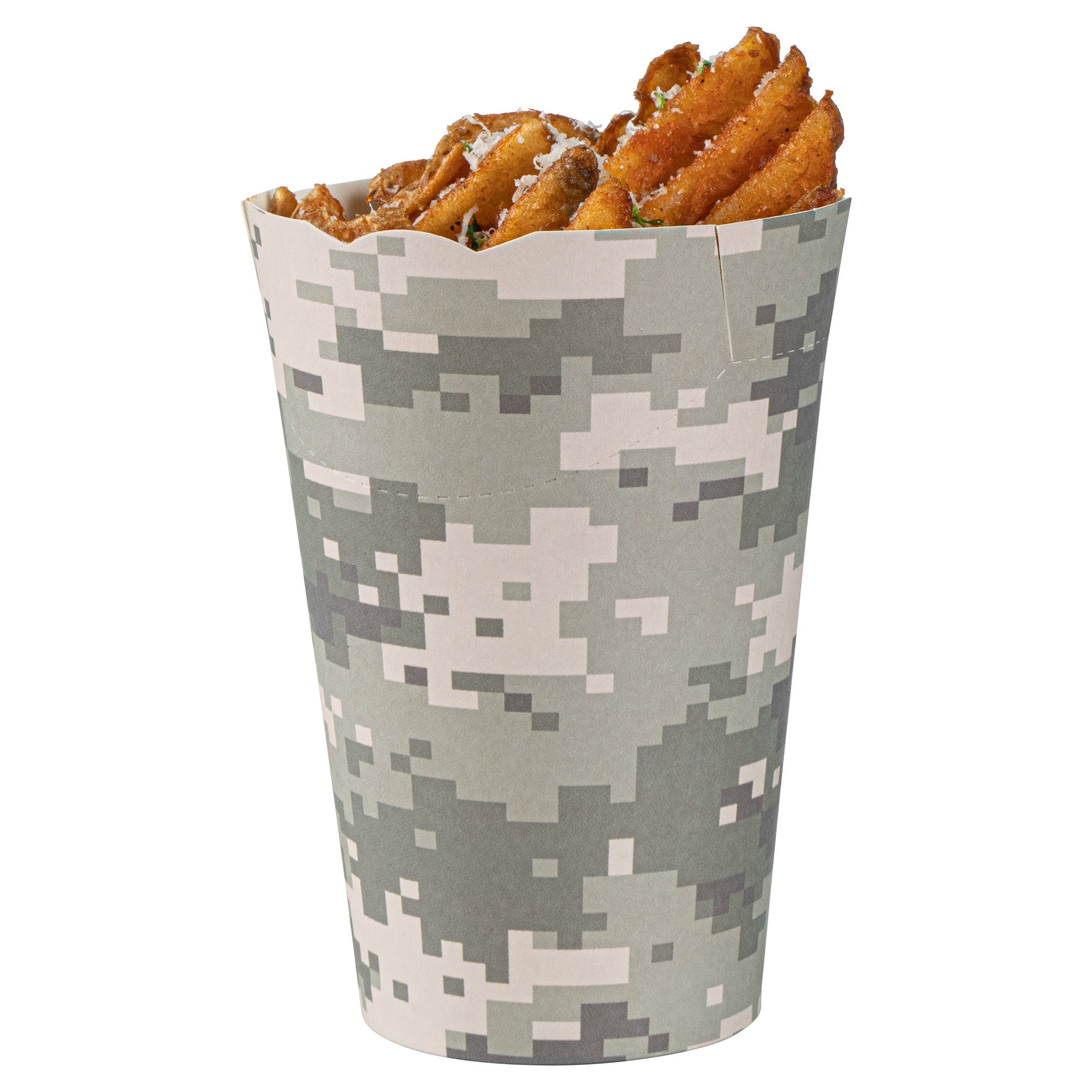 Bio Tek 16 oz Round Camouflage Paper To Go Fry Cup - 3 1/4" x 3 1/4" x 4 1/4" - 100 count box