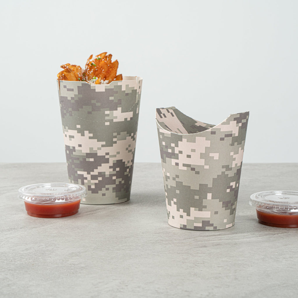Bio Tek 16 oz Round Camouflage Paper To Go Fry Cup - 3 1/4" x 3 1/4" x 4 1/4" - 100 count box