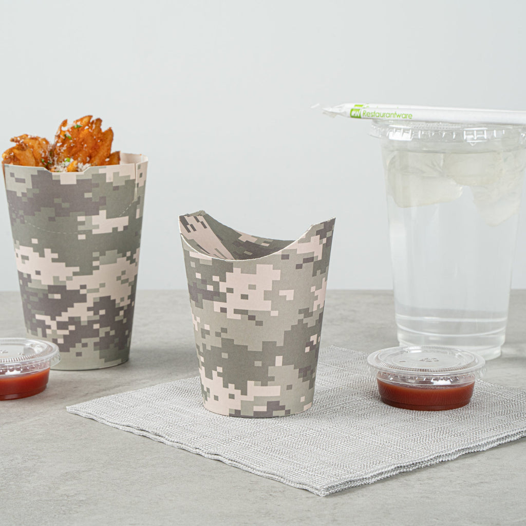 Bio Tek 16 oz Round Camouflage Paper To Go Fry Cup - 3 1/4" x 3 1/4" x 4 1/4" - 100 count box