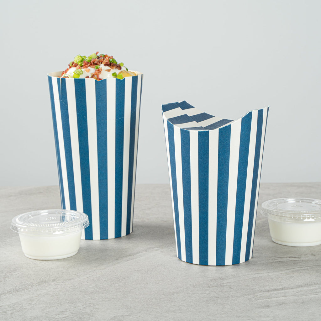 Bio Tek 20 oz Round Blue and White Stripe Paper To Go Fry Cup - 3 1/4" x 3 1/4" x 5" - 100 count box