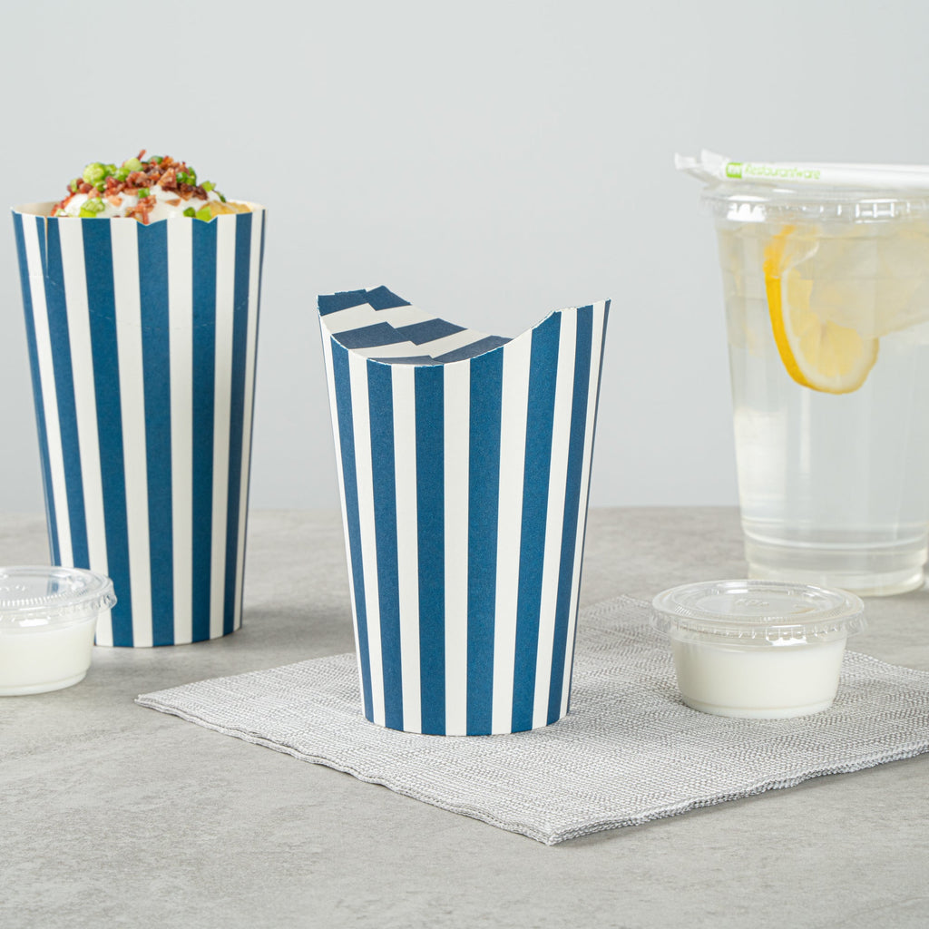 Bio Tek 20 oz Round Blue and White Stripe Paper To Go Fry Cup - 3 1/4" x 3 1/4" x 5" - 100 count box
