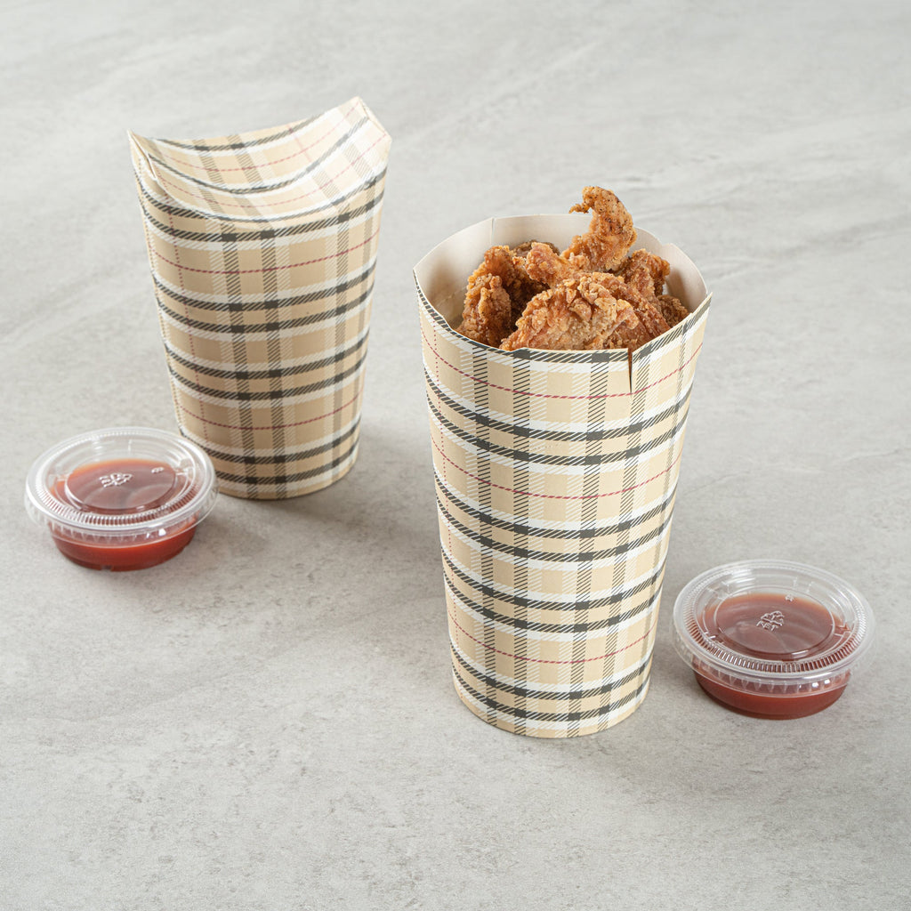 Bio Tek 20 oz Round Plaid Paper To Go Fry Cup - 3 1/4" x 3 1/4" x 5" - 100 count box