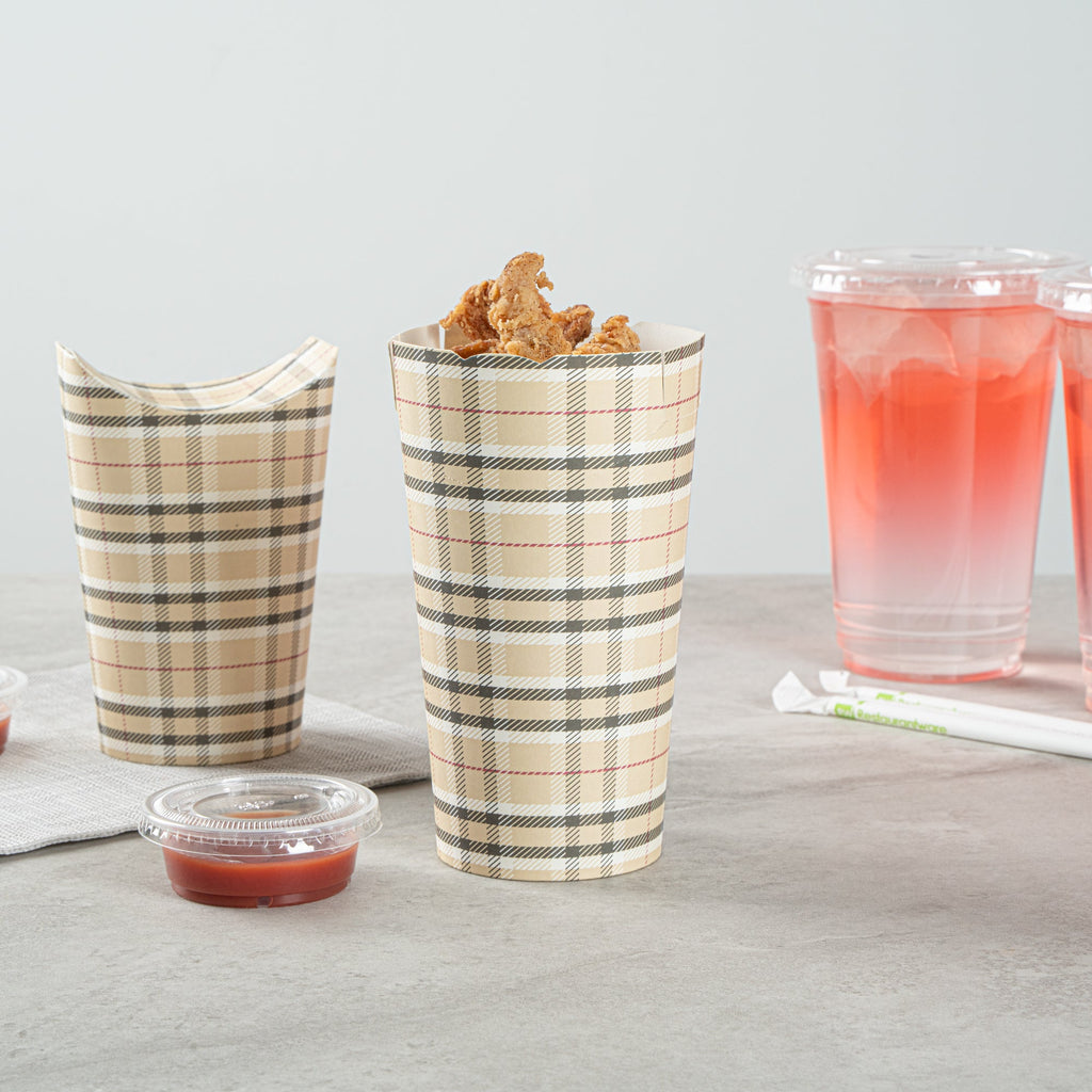 Bio Tek 20 oz Round Plaid Paper To Go Fry Cup - 3 1/4" x 3 1/4" x 5" - 100 count box