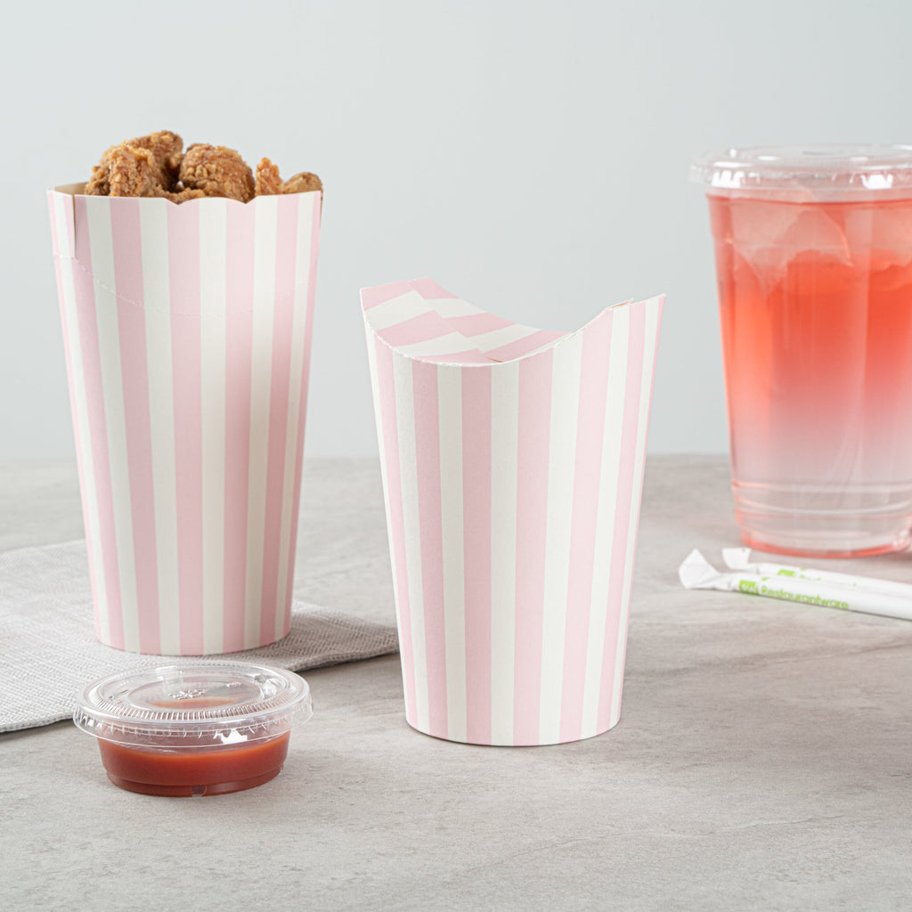 Bio Tek 20 oz Round Pink and White Stripe Paper To Go Fry Cup - 3 1/4" x 3 1/4" x 5" - 100 count box