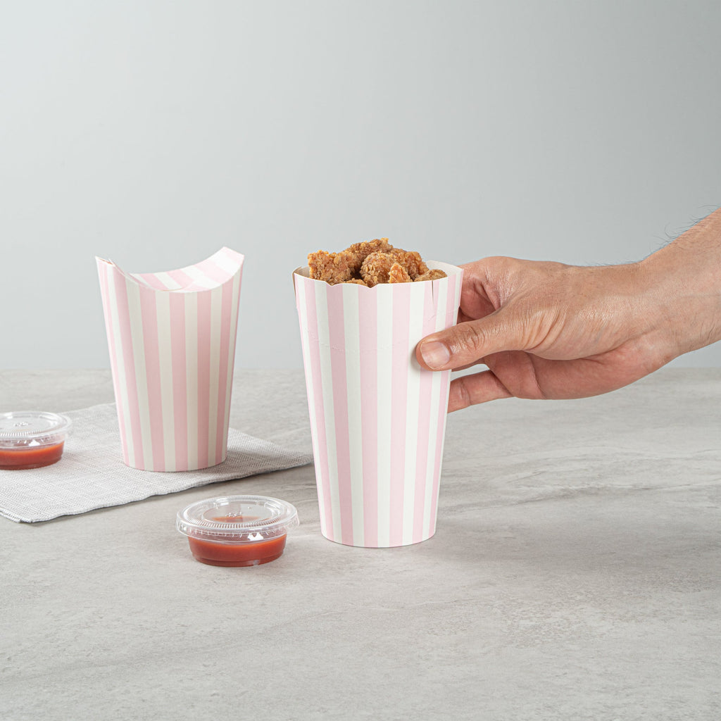 Bio Tek 20 oz Round Pink and White Stripe Paper To Go Fry Cup - 3 1/4" x 3 1/4" x 5" - 100 count box