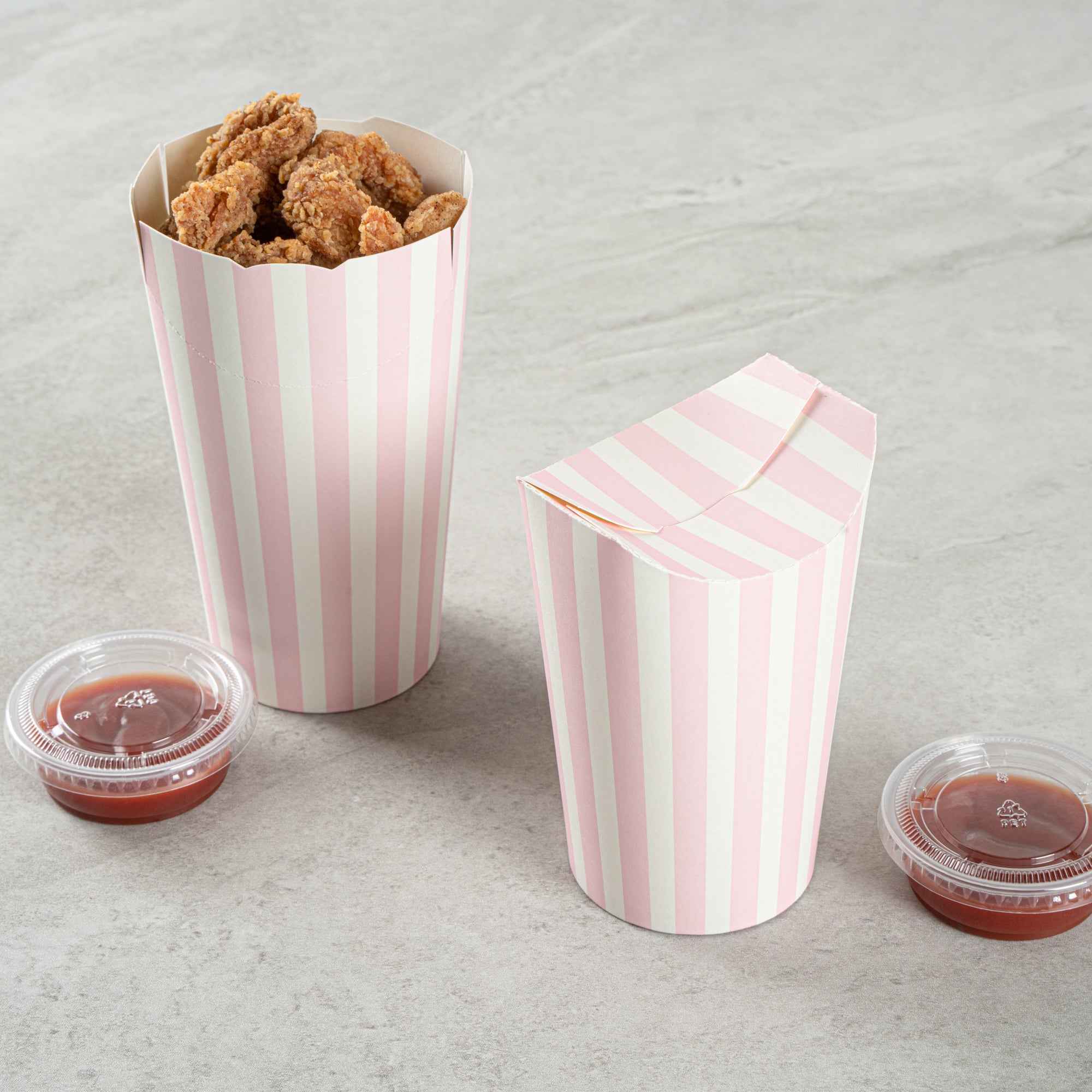 Bio Tek 20 oz Round Pink and White Stripe Paper To Go Fry Cup - 3 1/4" x 3 1/4" x 5" - 100 count box
