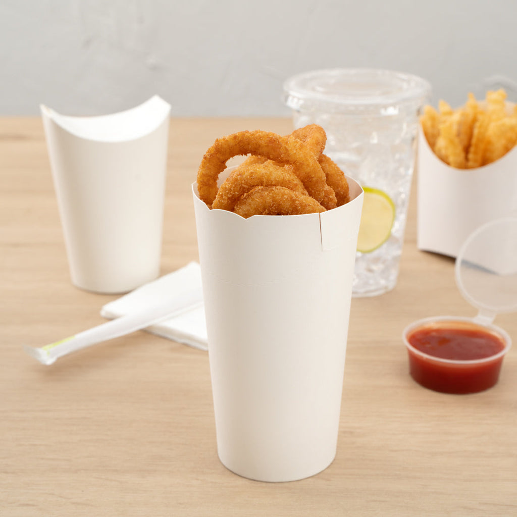 Bio Tek 20 oz Round White Paper To Go Fry Cup - 3 1/4" x 3 1/4" x 5" - 100 count box