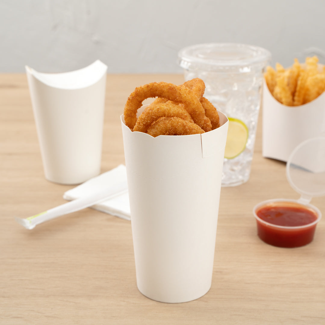 Bio Tek 20 oz Round White Paper To Go Fry Cup - 3 1/4" x 3 1/4" x 5" - 100 count box