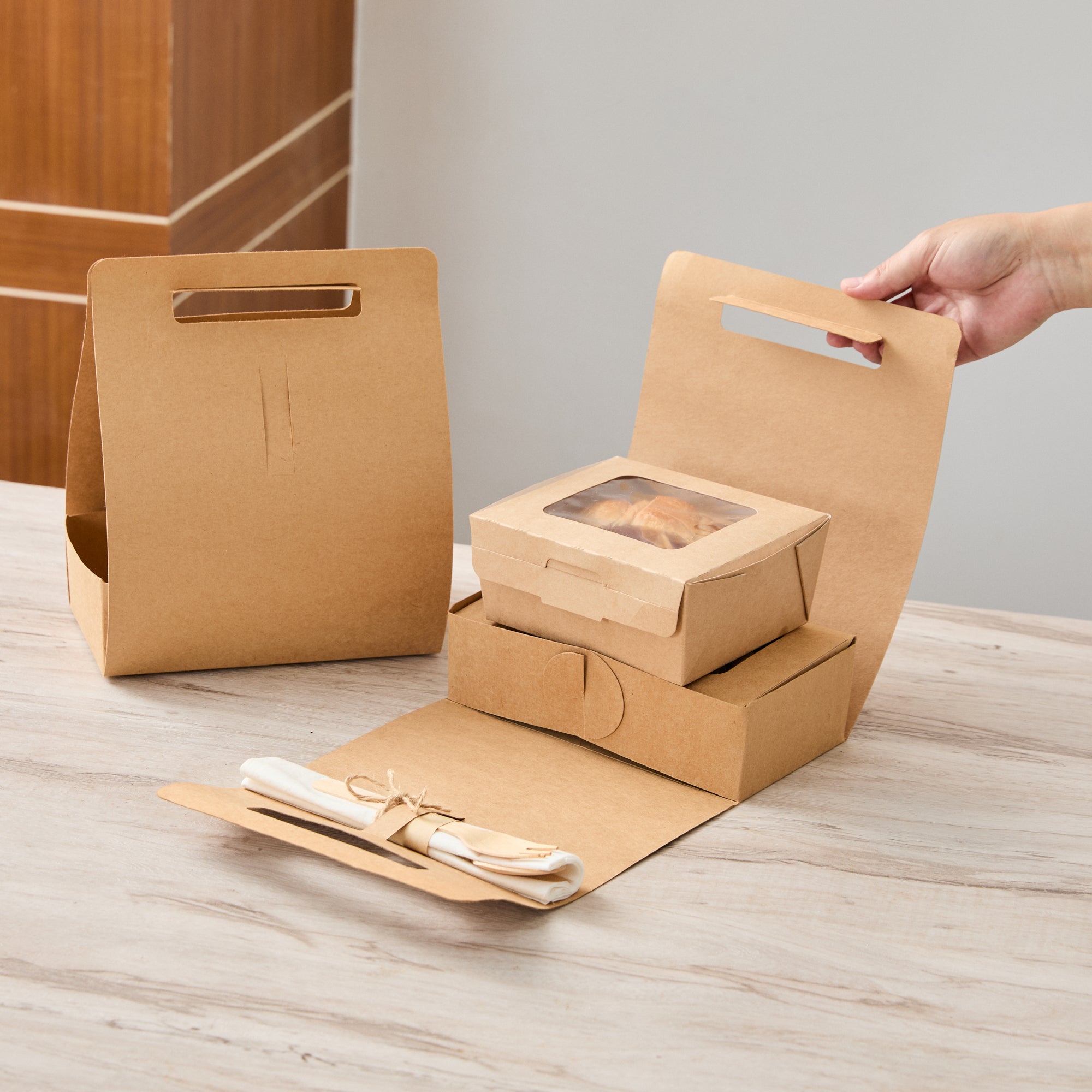 Bio Tek Kraft Paper To Go Lunch / Drink Carrier - with Handle - 8 3/4" x 4 1/4" x 8" - 100 count box