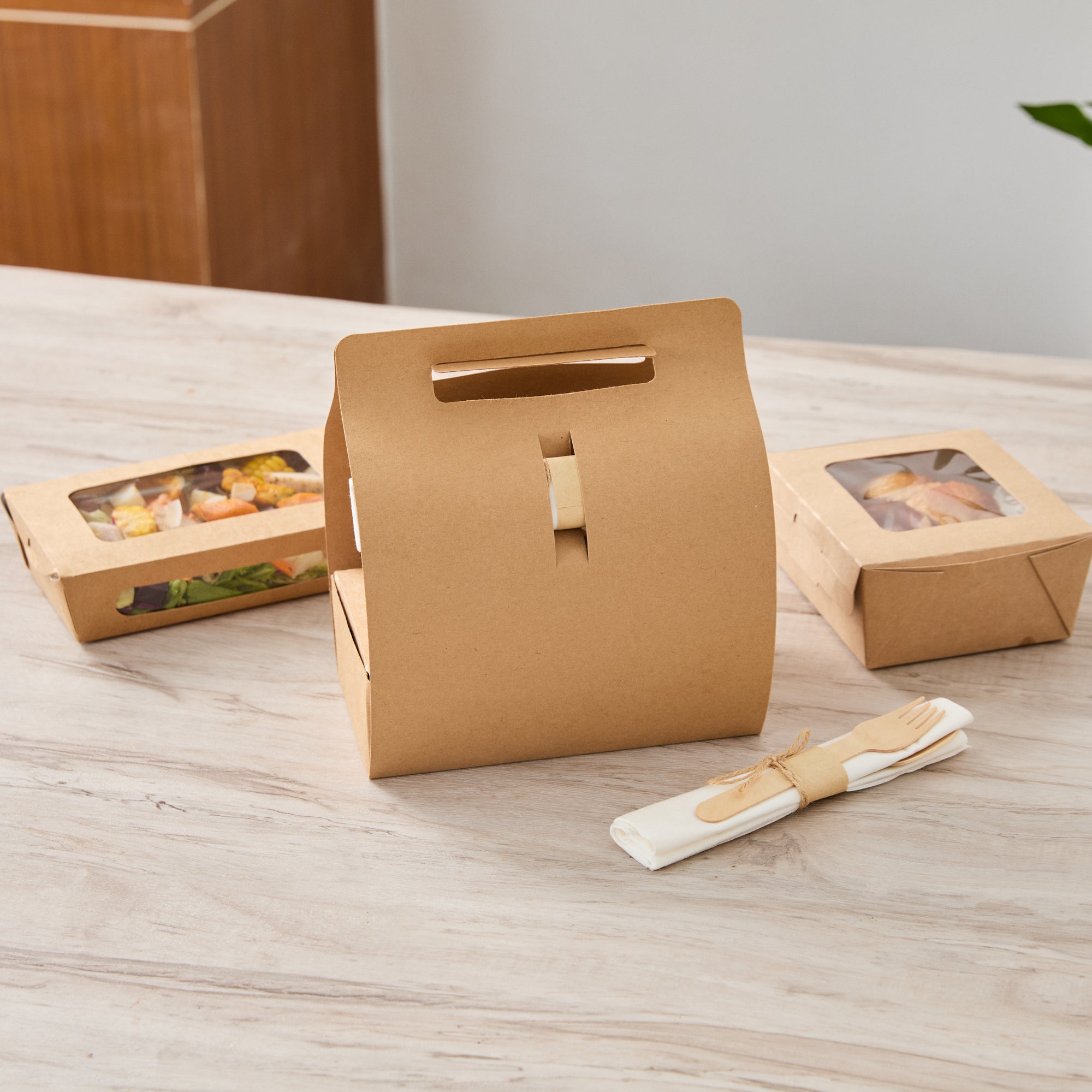 Bio Tek Kraft Paper To Go Lunch / Drink Carrier - with Handle - 8 3/4" x 4 1/4" x 8" - 100 count box