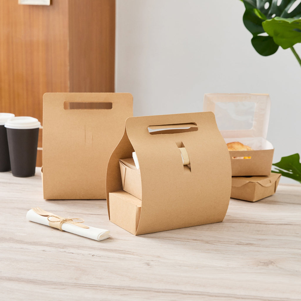 Bio Tek Kraft Paper To Go Lunch / Drink Carrier - with Handle - 8 3/4" x 4 1/4" x 8" - 100 count box
