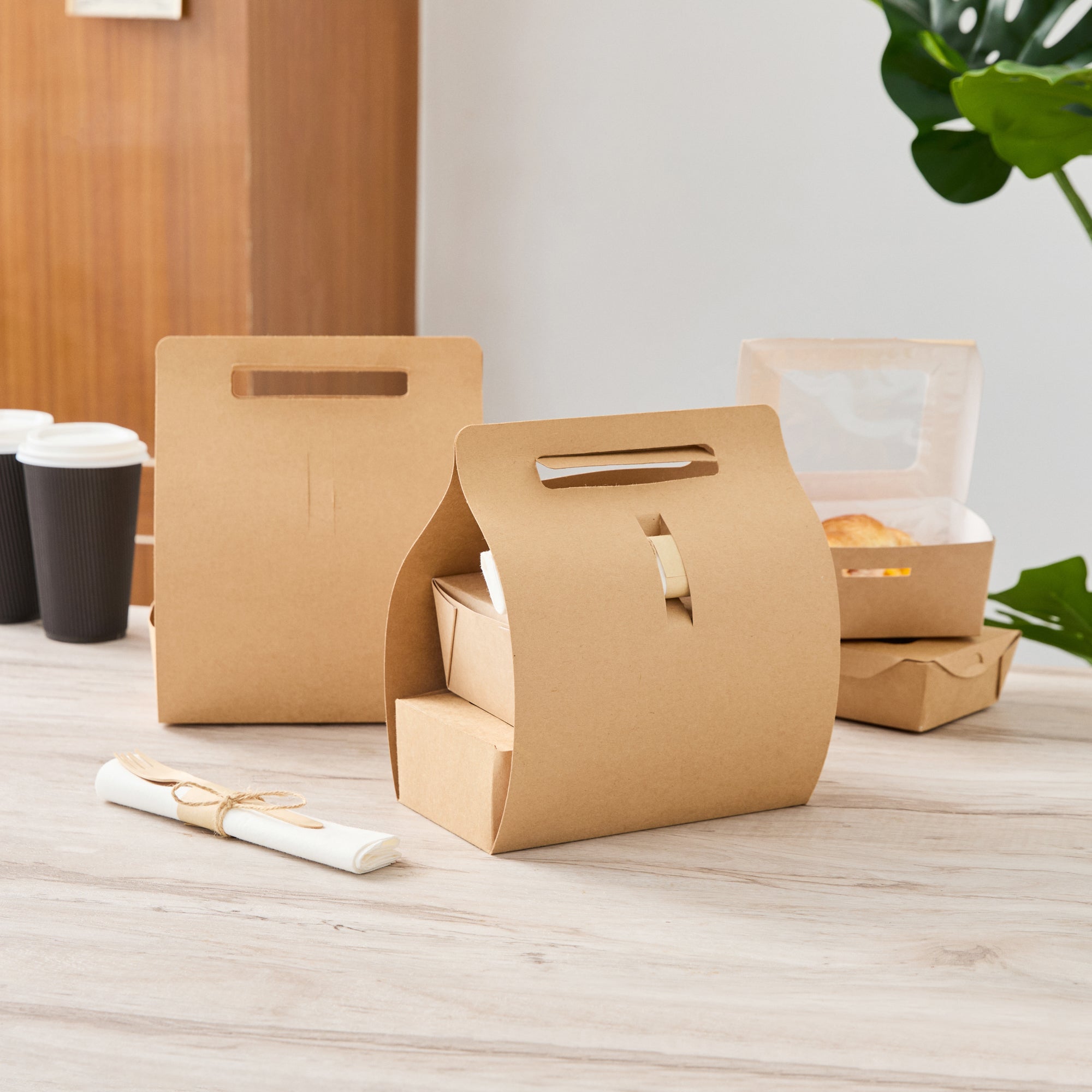 Bio Tek Kraft Paper To Go Lunch / Drink Carrier - with Handle - 8 3/4" x 4 1/4" x 8" - 100 count box