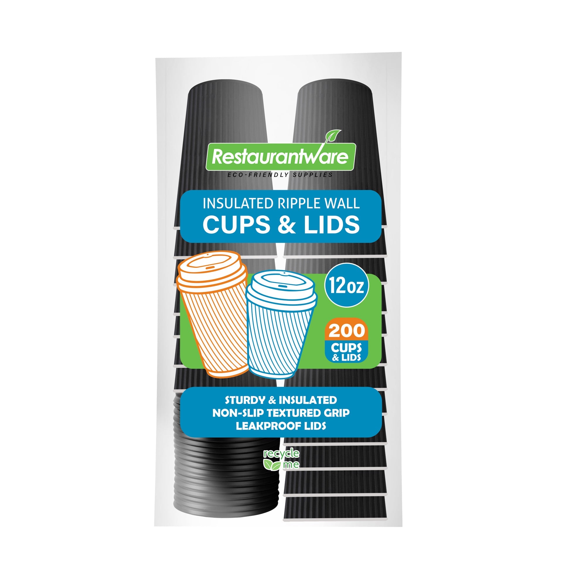 Restpresso 12 oz Black Paper Ripple Wall Coffee Cup - with Black Lid - 3 1/2" x 3 1/2" x 5" - 200 count box