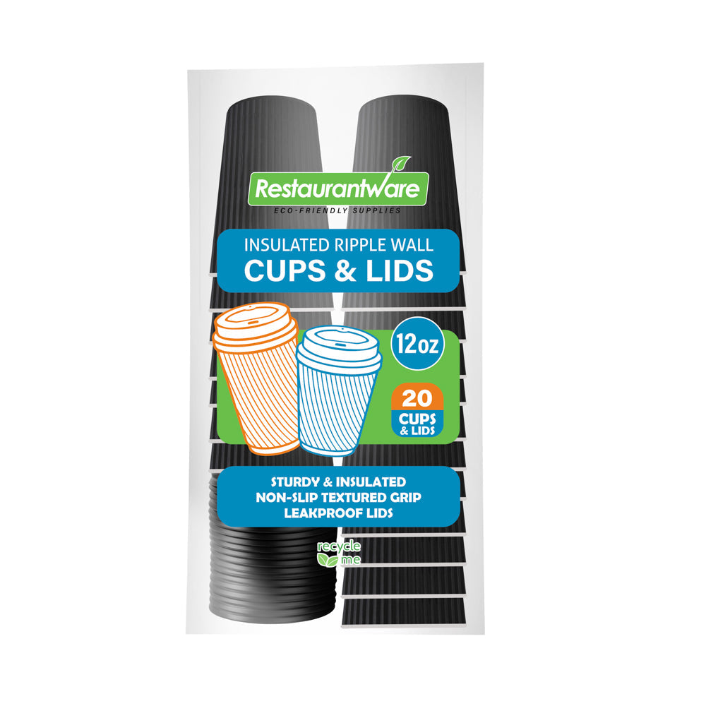 Restpresso 12 oz Black Paper Ripple Wall Coffee Cup - with Black Lid - 3 1/2" x 3 1/2" x 5" - 20 count box