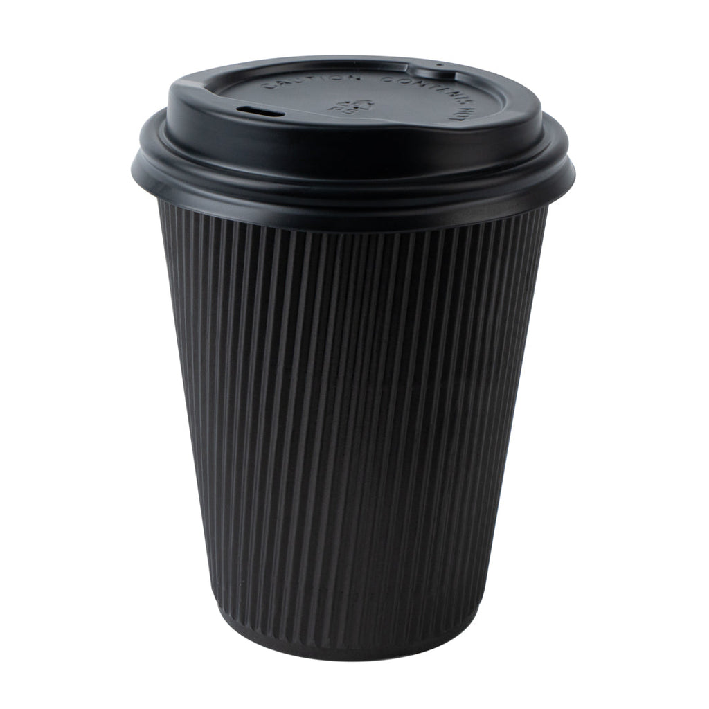 Restpresso 12 oz Black Paper Ripple Wall Coffee Cup - with Black Lid - 3 1/2" x 3 1/2" x 5" - 20 count box