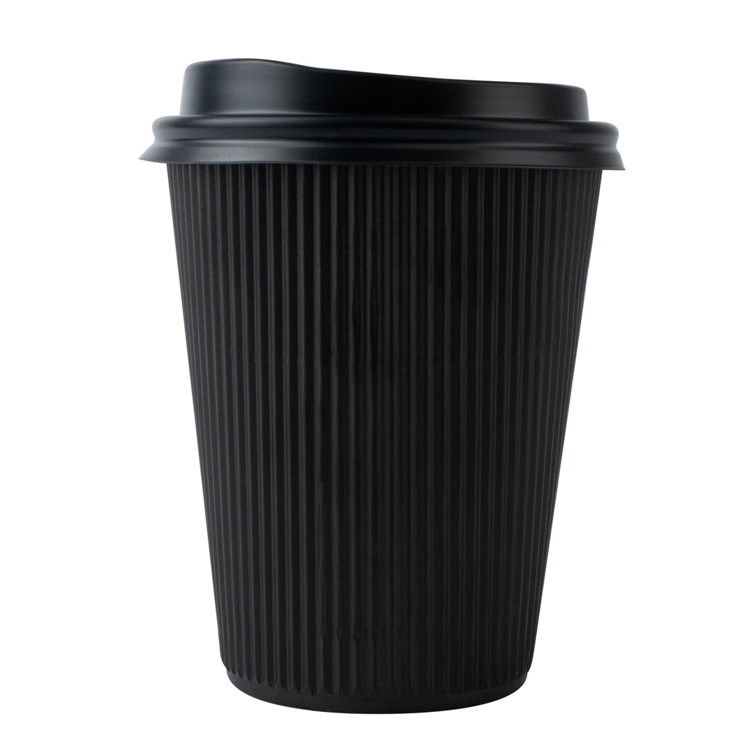 Restpresso 12 oz Black Paper Ripple Wall Coffee Cup - with Black Lid - 3 1/2" x 3 1/2" x 5" - 20 count box