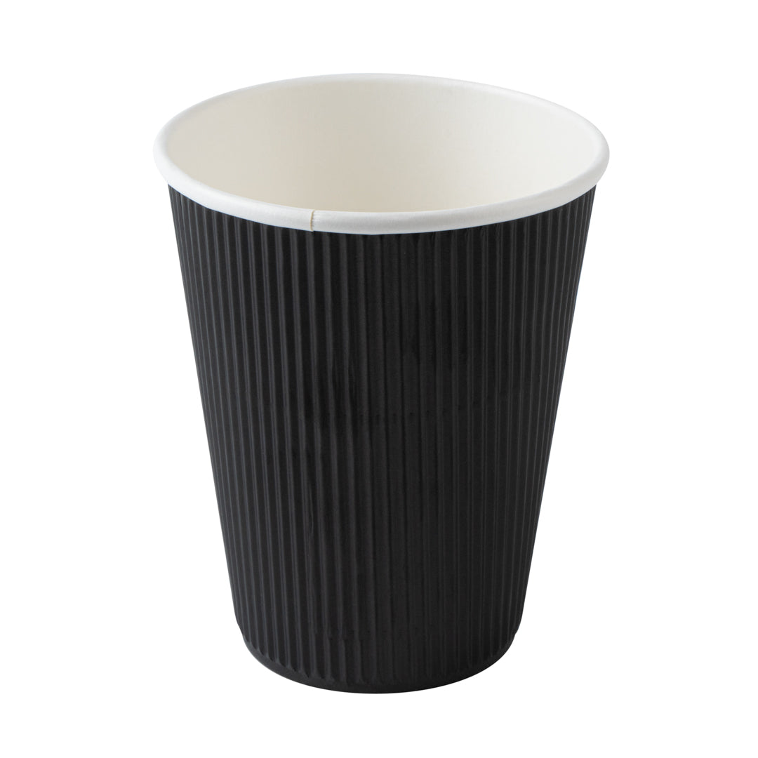 Restpresso 12 oz Black Paper Ripple Wall Coffee Cup - with Black Lid - 3 1/2" x 3 1/2" x 5" - 20 count box