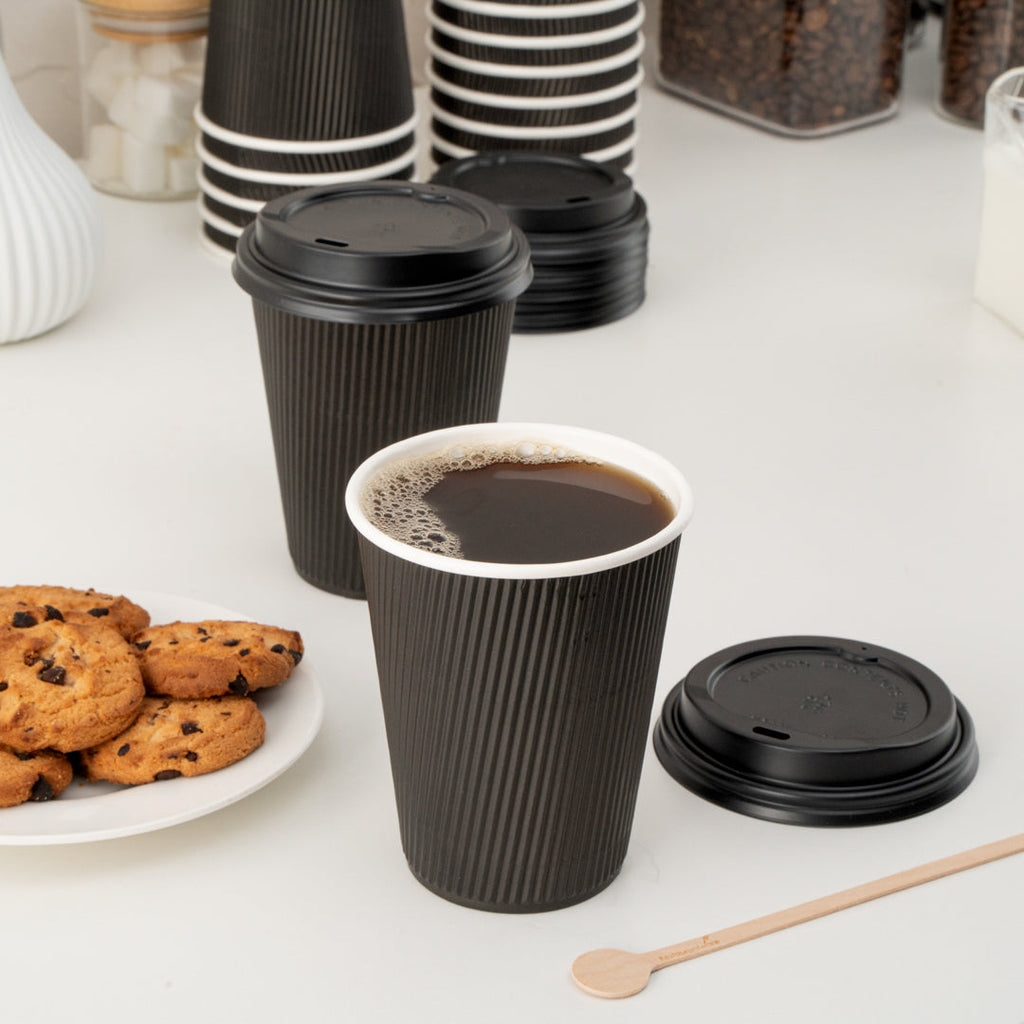 Restpresso 12 oz Black Paper Ripple Wall Coffee Cup - with Black Lid - 3 1/2" x 3 1/2" x 5" - 20 count box