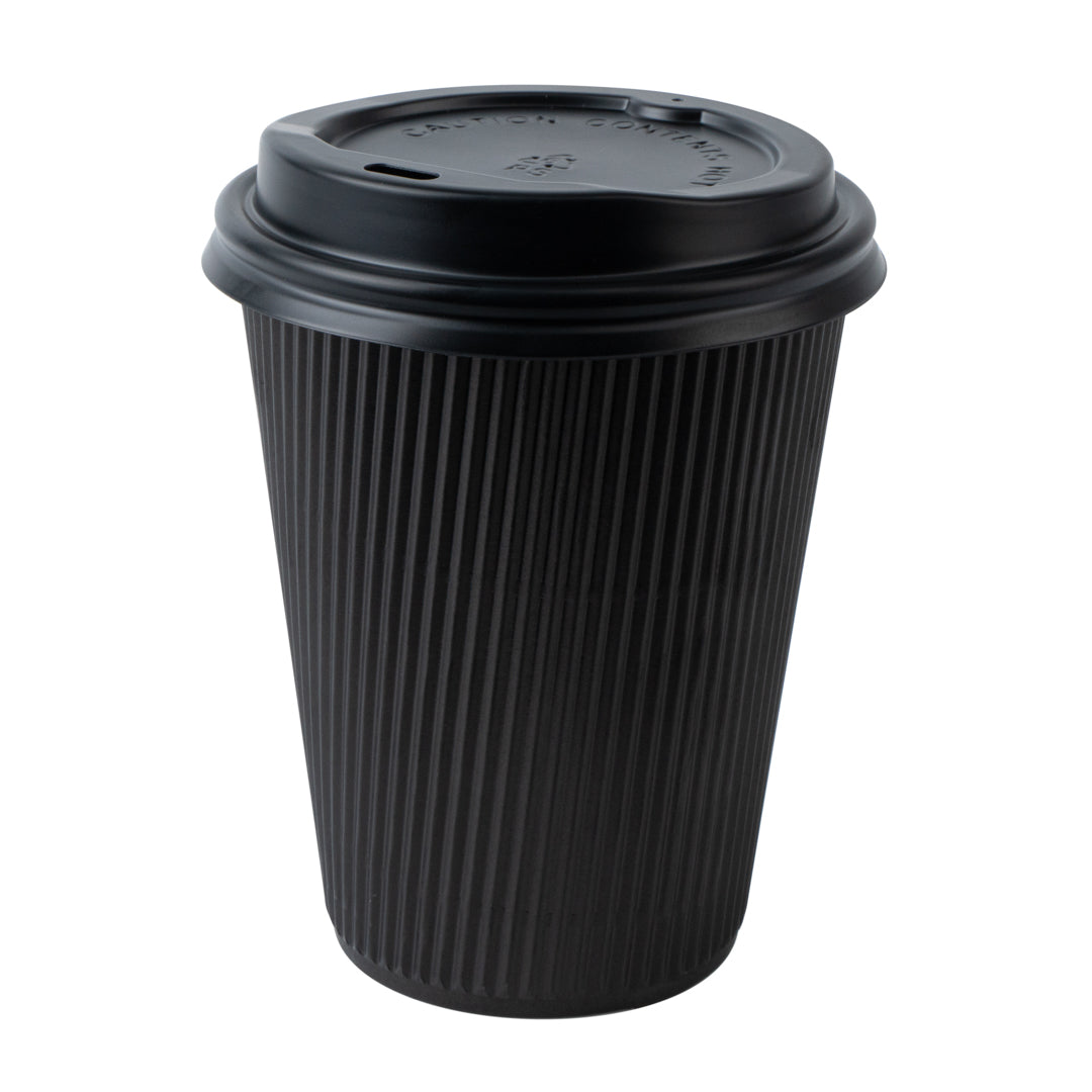 Restpresso 12 oz Black Paper Ripple Wall Coffee Cup - with Black Lid - 3 1/2" x 3 1/2" x 5" - 200 count box