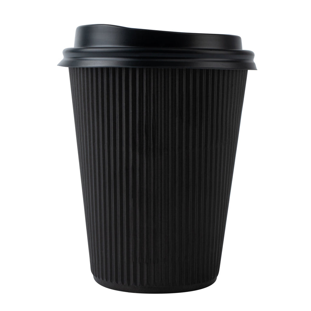 Restpresso 12 oz Black Paper Ripple Wall Coffee Cup - with Black Lid - 3 1/2" x 3 1/2" x 5" - 200 count box