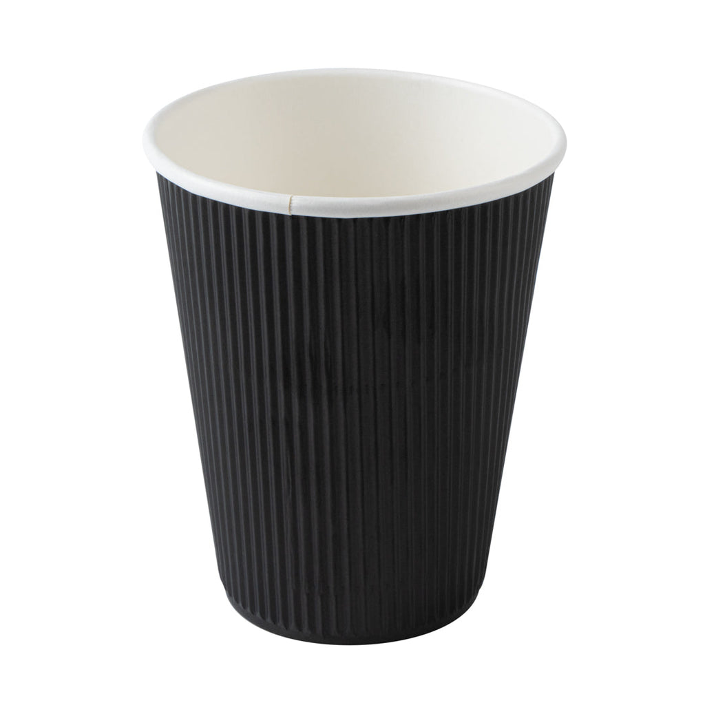 Restpresso 12 oz Black Paper Ripple Wall Coffee Cup - with Black Lid - 3 1/2" x 3 1/2" x 5" - 200 count box