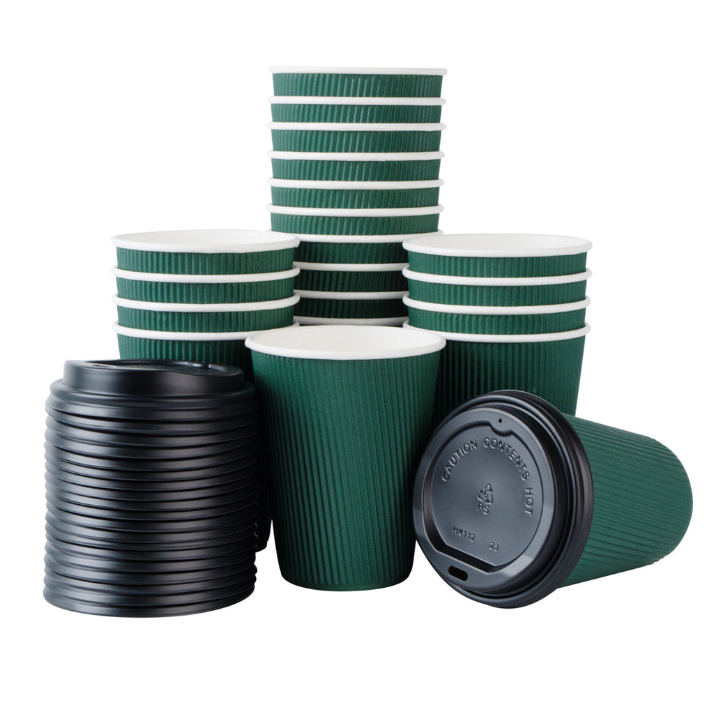Restpresso 12 oz Dark Green Paper Ripple Wall Coffee Cup - with Black Lid - 3 1/2" x 3 1/2" x 5" - 200 count box