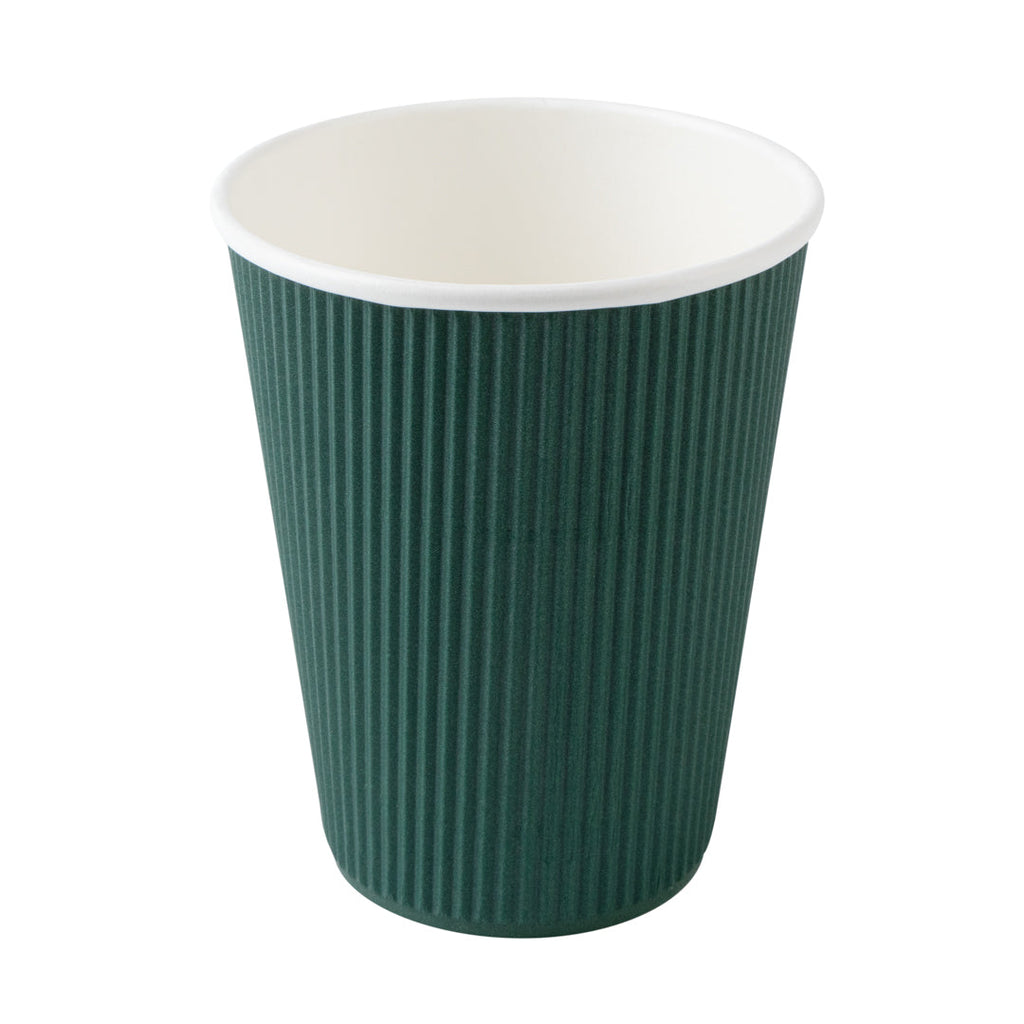 Restpresso 12 oz Dark Green Paper Ripple Wall Coffee Cup - with Black Lid - 3 1/2" x 3 1/2" x 5" - 20 count box