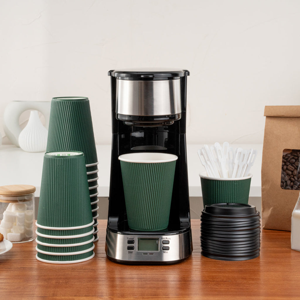 Restpresso 12 oz Dark Green Paper Ripple Wall Coffee Cup - with Black Lid - 3 1/2" x 3 1/2" x 5" - 200 count box