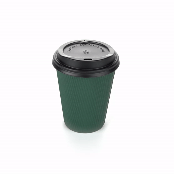 Restpresso 12 oz Dark Green Paper Ripple Wall Coffee Cup - with Black Lid - 3 1/2" x 3 1/2" x 5" - 200 count box