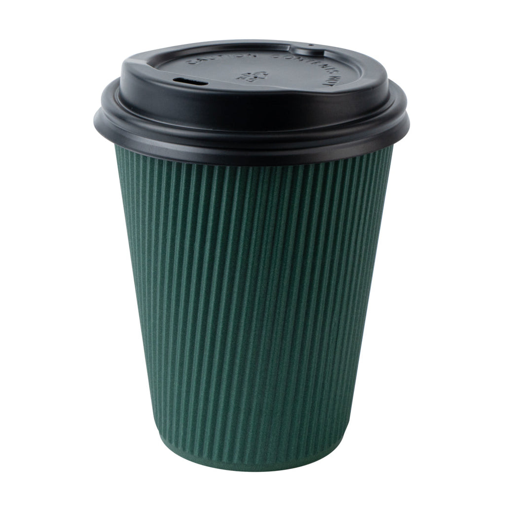 Restpresso 12 oz Dark Green Paper Ripple Wall Coffee Cup - with Black Lid - 3 1/2" x 3 1/2" x 5" - 200 count box