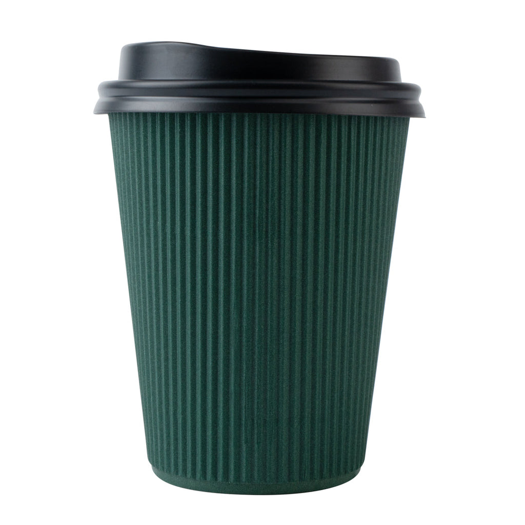 Restpresso 12 oz Dark Green Paper Ripple Wall Coffee Cup - with Black Lid - 3 1/2" x 3 1/2" x 5" - 200 count box