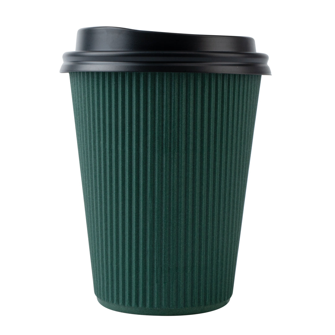 Restpresso 12 oz Dark Green Paper Ripple Wall Coffee Cup - with Black Lid - 3 1/2" x 3 1/2" x 5" - 200 count box