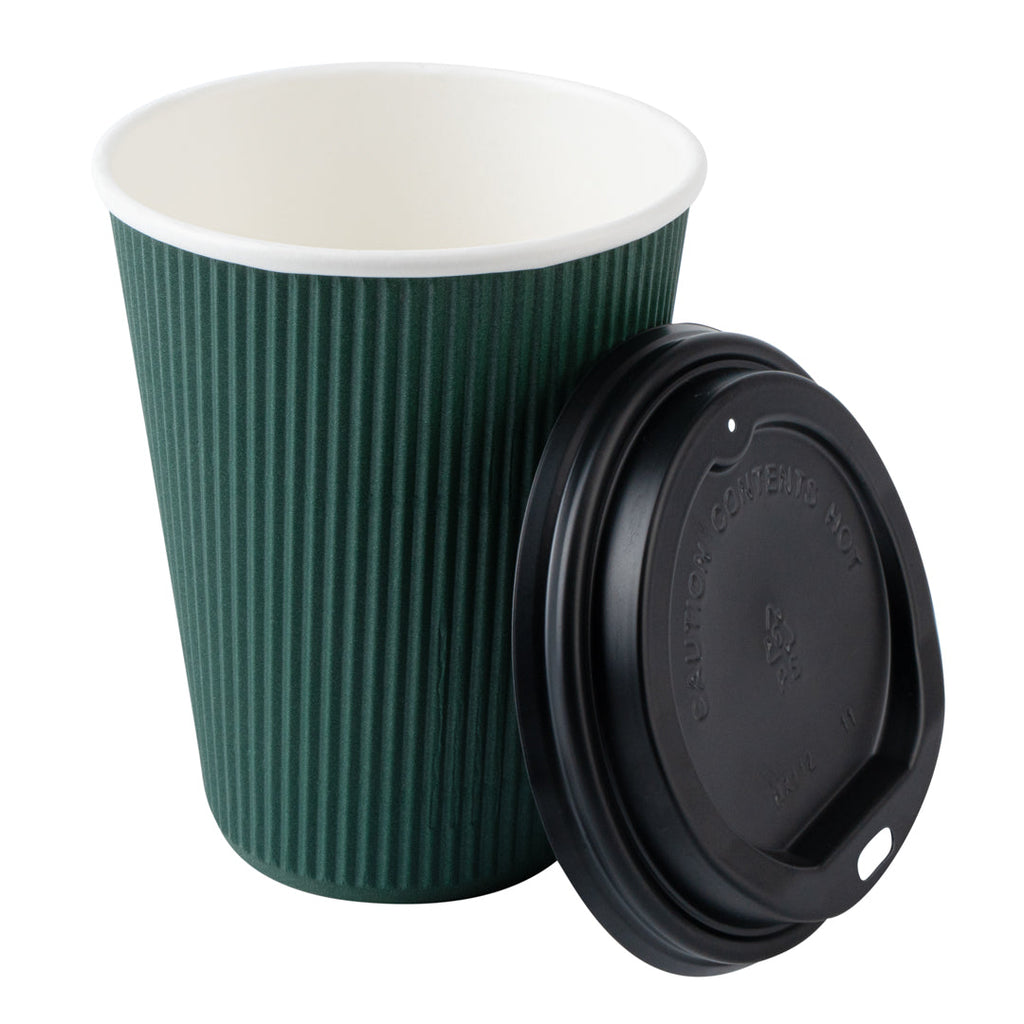 Restpresso 12 oz Dark Green Paper Ripple Wall Coffee Cup - with Black Lid - 3 1/2" x 3 1/2" x 5" - 200 count box