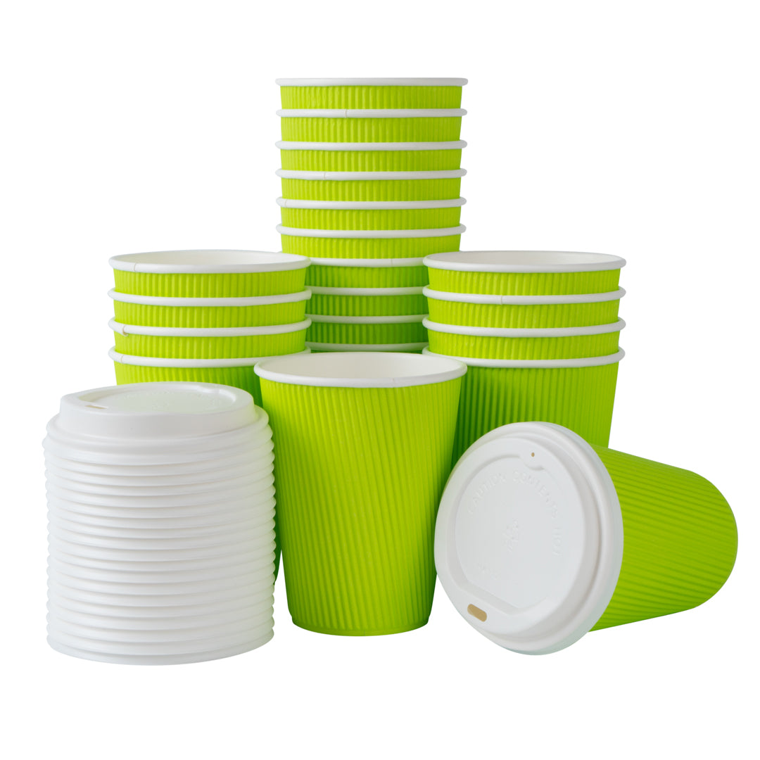 Restpresso 12 oz Eco Green Paper Ripple Wall Coffee Cup - with White Lid - 3 1/2" x 3 1/2" x 5" - 200 count box