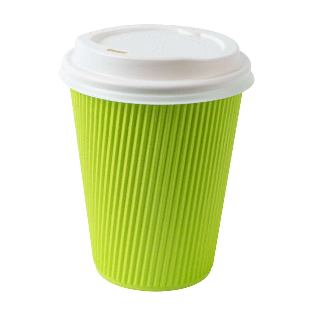 Restpresso 12 oz Eco Green Paper Ripple Wall Coffee Cup - with White Lid - 3 1/2" x 3 1/2" x 5" - 20 count box