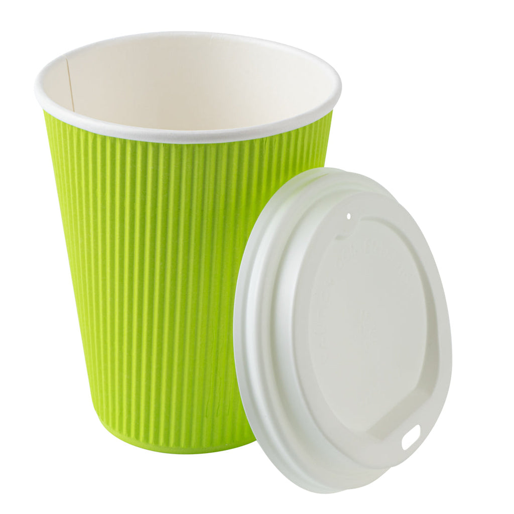 Restpresso 12 oz Eco Green Paper Ripple Wall Coffee Cup - with White Lid - 3 1/2" x 3 1/2" x 5" - 20 count box