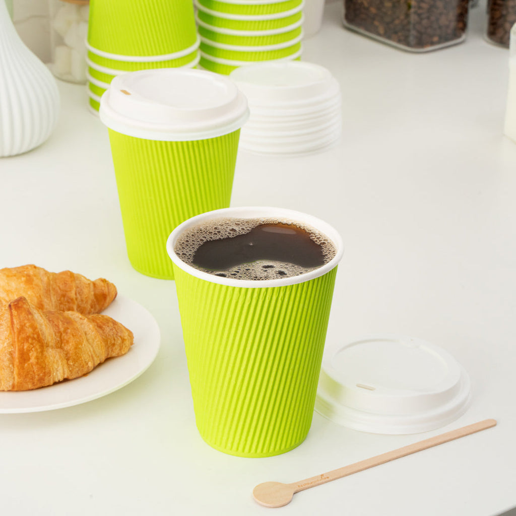 Restpresso 12 oz Eco Green Paper Ripple Wall Coffee Cup - with White Lid - 3 1/2" x 3 1/2" x 5" - 20 count box