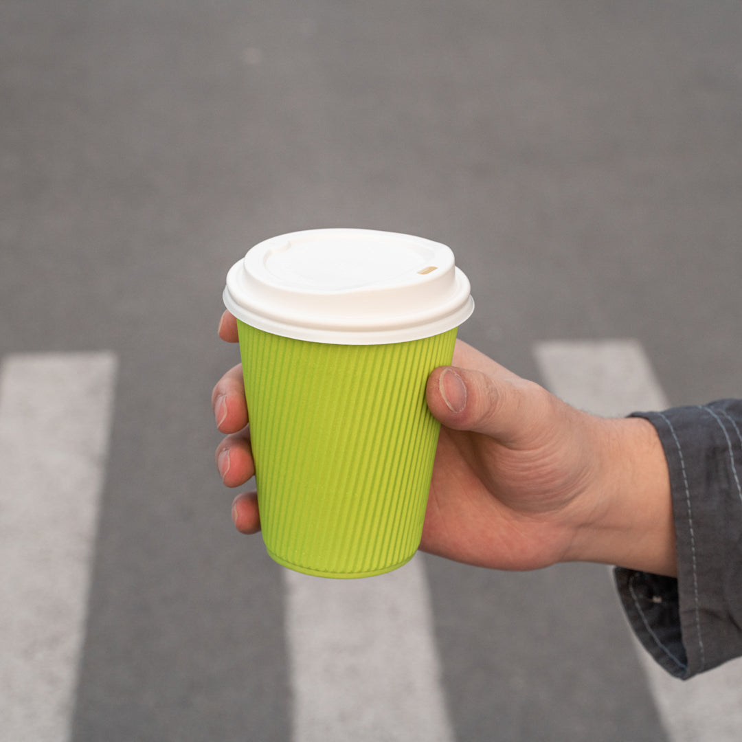 Restpresso 12 oz Eco Green Paper Ripple Wall Coffee Cup - with White Lid - 3 1/2" x 3 1/2" x 5" - 20 count box